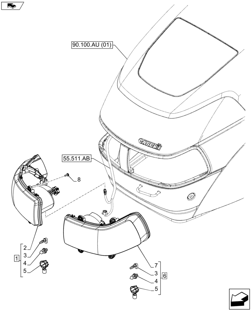 Схема запчастей Case IH FARMALL 105U - (55.404.AQ[01]) - VAR - 335701, 390885 - HEADLIGHT, NA (55) - ELECTRICAL SYSTEMS