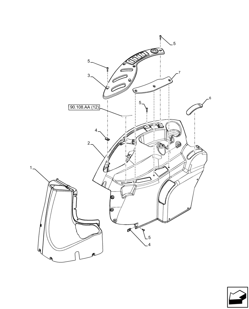 Схема запчастей Case IH FARMALL 120C - (90.110.AV[01]) - VAR - 390124 - TRIM PANEL, RH, W/O CAB (90) - PLATFORM, CAB, BODYWORK AND DECALS