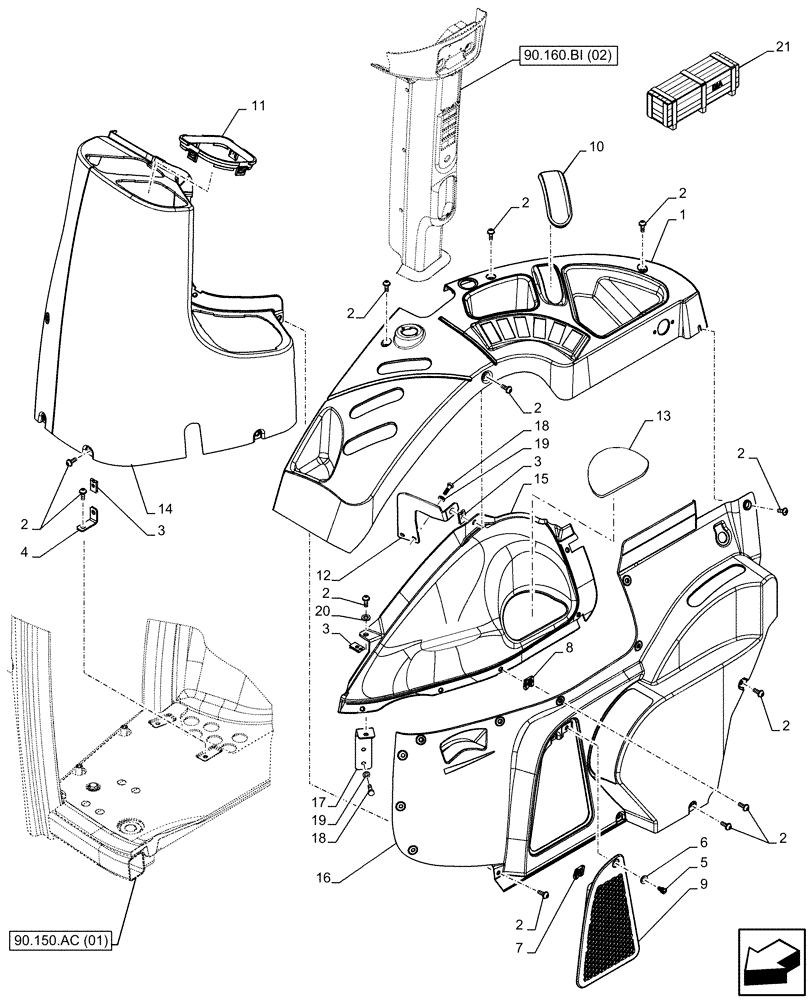 Схема запчастей Case IH FARMALL 110C - (90.160.BL[04]) - VAR - 336125, 338125, 336780 - CAB, TRIM, RH (90) - PLATFORM, CAB, BODYWORK AND DECALS