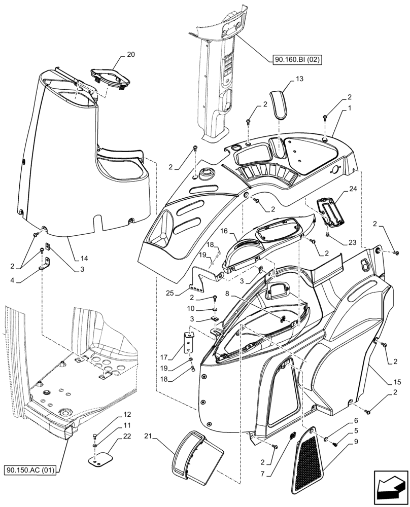 Схема запчастей Case IH FARMALL 120C - (90.160.BL[03]) - VAR - 336125, 338125 - CAB, TRIM, RH, HI-LO - END YR 10-FEB-2015 (90) - PLATFORM, CAB, BODYWORK AND DECALS