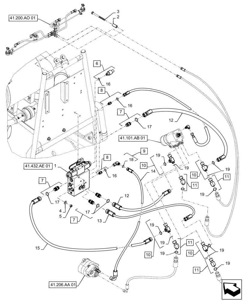 Схема запчастей Case IH TITAN 4540 - (41.432.AC[01]) - AUTOGUIDANCE HYDRAULIC LINES (41) - STEERING