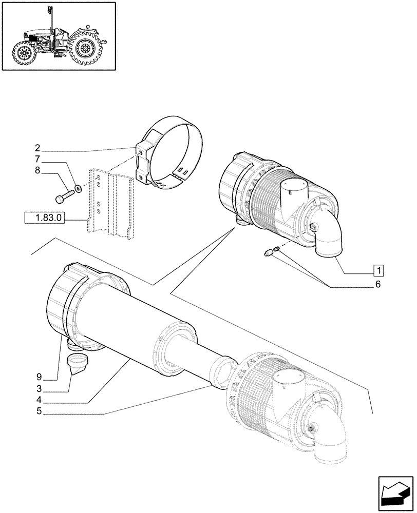 Схема запчастей Case IH JX1095C - (1.19.1[01]) - DRY AIR CLEANER - L/CAB (02) - ENGINE EQUIPMENT