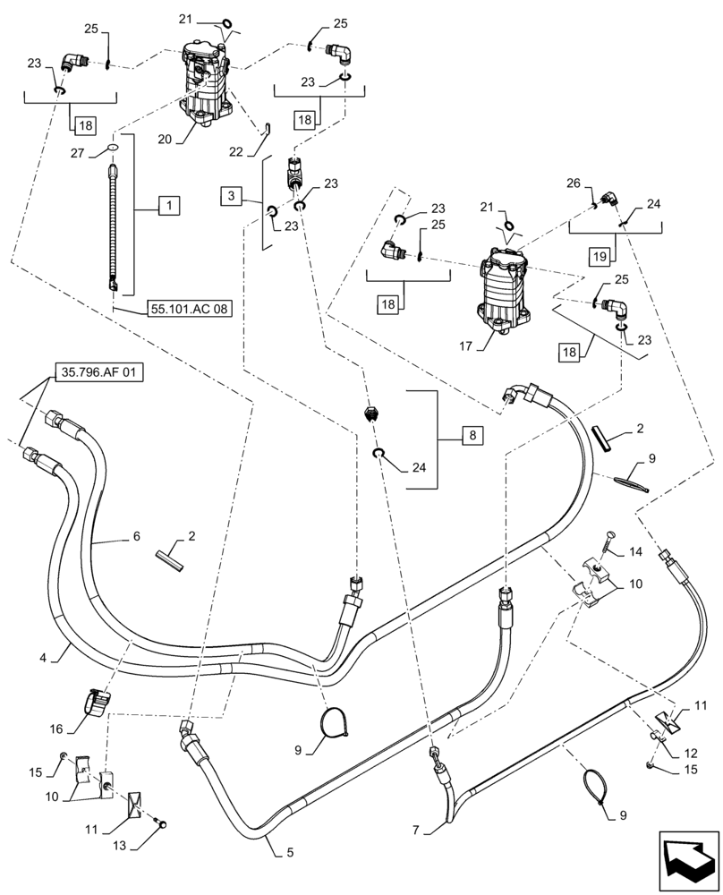 Схема запчастей Case IH 9240 - (35.796.AC[01]) - VAR - 425488 - HYDRAULIC SYSTEM, CHAFF SPREADER, HORIZONTAL (35) - HYDRAULIC SYSTEMS