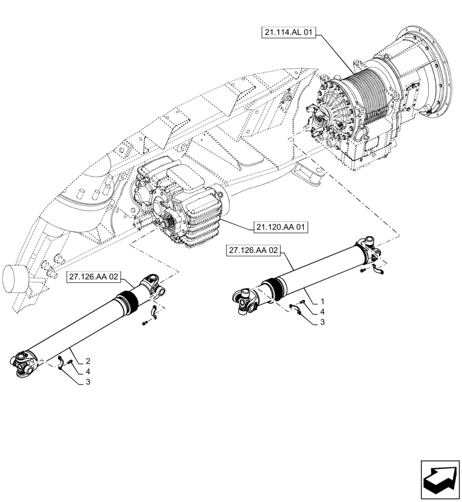 Схема запчастей Case IH TITAN 3040 - (27.126.AA [01]) - DRIVELINE MOUNTING, WITH AUXILIARY TRANSMISSION, 3040, 3540 (27) - REAR AXLE SYSTEM