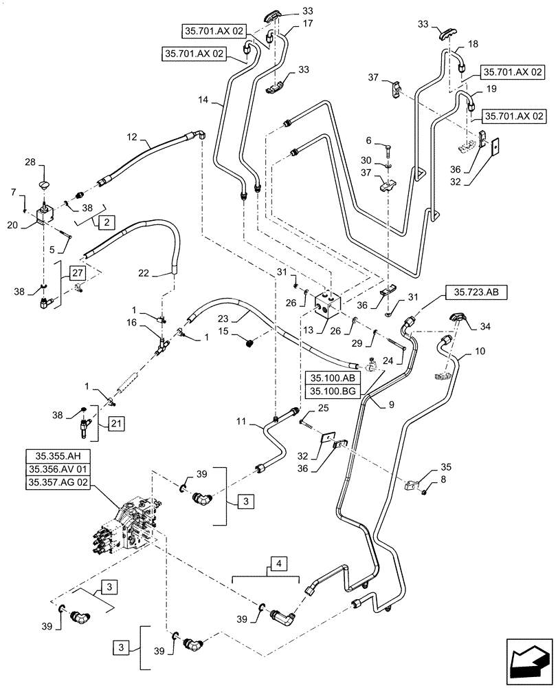 Схема запчастей Case IH SR270 - (35.701.AX[01]) - LOADER VALVE LINES (35) - HYDRAULIC SYSTEMS