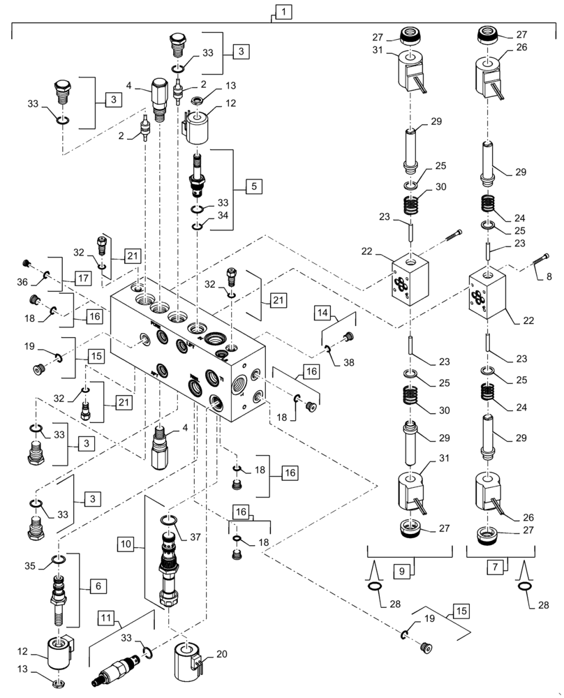 Схема запчастей Case IH 7230 - (35.204.19) - VALVE ASSEMBLY- LATERAL TILT FEEDER (35) - HYDRAULIC SYSTEMS