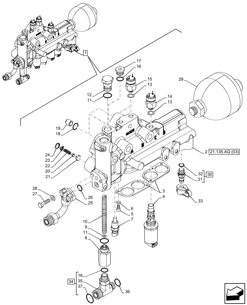 Схема запчастей Case IH FARMALL 100C - (21.135.AQ[02]) - TRANSMISSION, POWERSHIFT, CONTROL VALVE, HI-LO (21) - TRANSMISSION