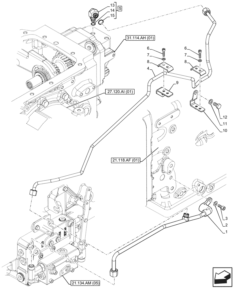 Схема запчастей Case IH FARMALL 120C - (21.134.AM[06]) - VAR - 340101, 340102, 340103 - TRANSMISSION CONTROL VALVE, POWERSHUTTLE, LINE (21) - TRANSMISSION