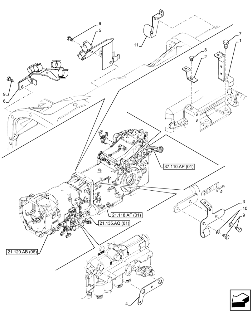 Схема запчастей Case IH FARMALL 110C - (21.120.AB[07]) - GEARBOX, HOUSING, BRACKET (21) - TRANSMISSION