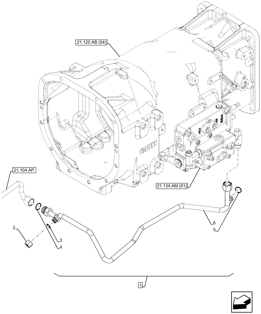 Схема запчастей Case IH FARMALL 100C - (21.104.AS[01]) - TRANSMISSION, POWERSHUTTLE, RETURN PIPE (21) - TRANSMISSION