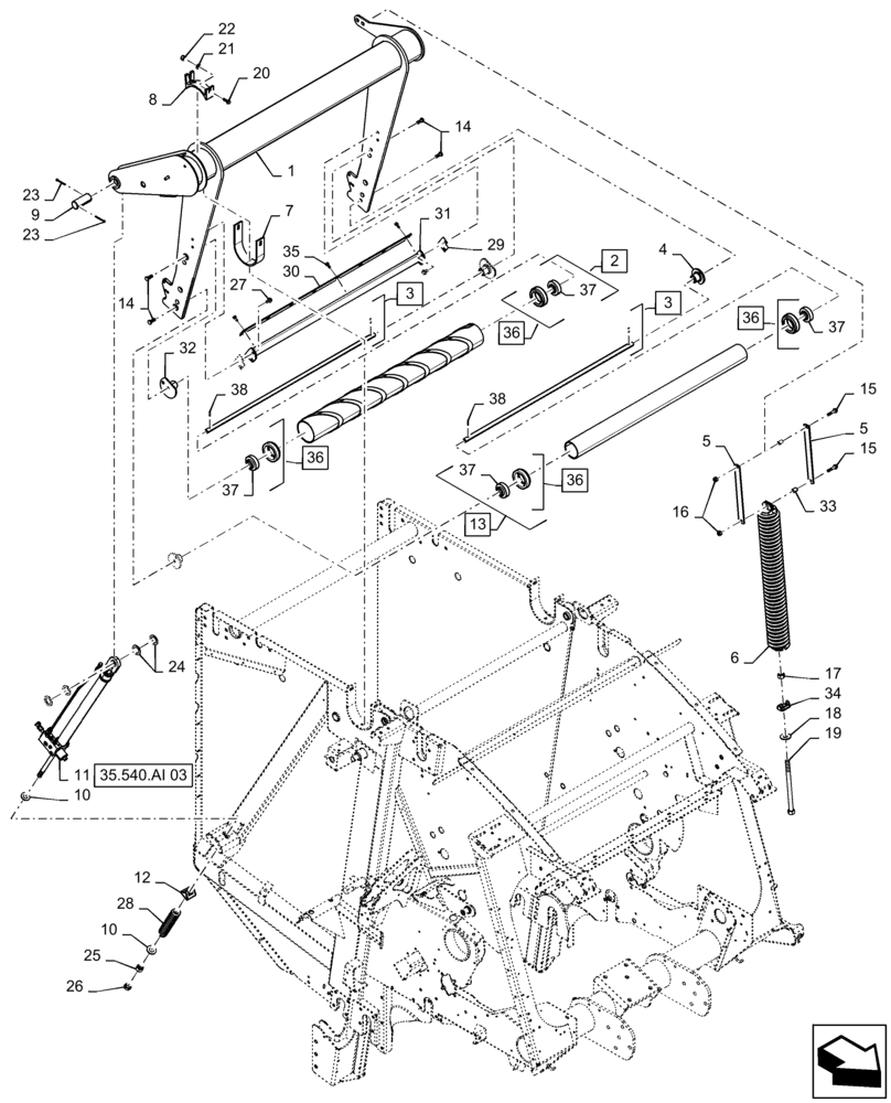 Схема запчастей Case IH RB455 - (62.140.AQ[03]) - VAR - 727159 - BALE TENSION TAKE UP ARM AND ONE SPRING WITH LOOP ROLL, SINGLE HYD. CYLINDER, IN CAB CONTROL, YFN188619 AND AFTER (62) - PRESSING - BALE FORMATION