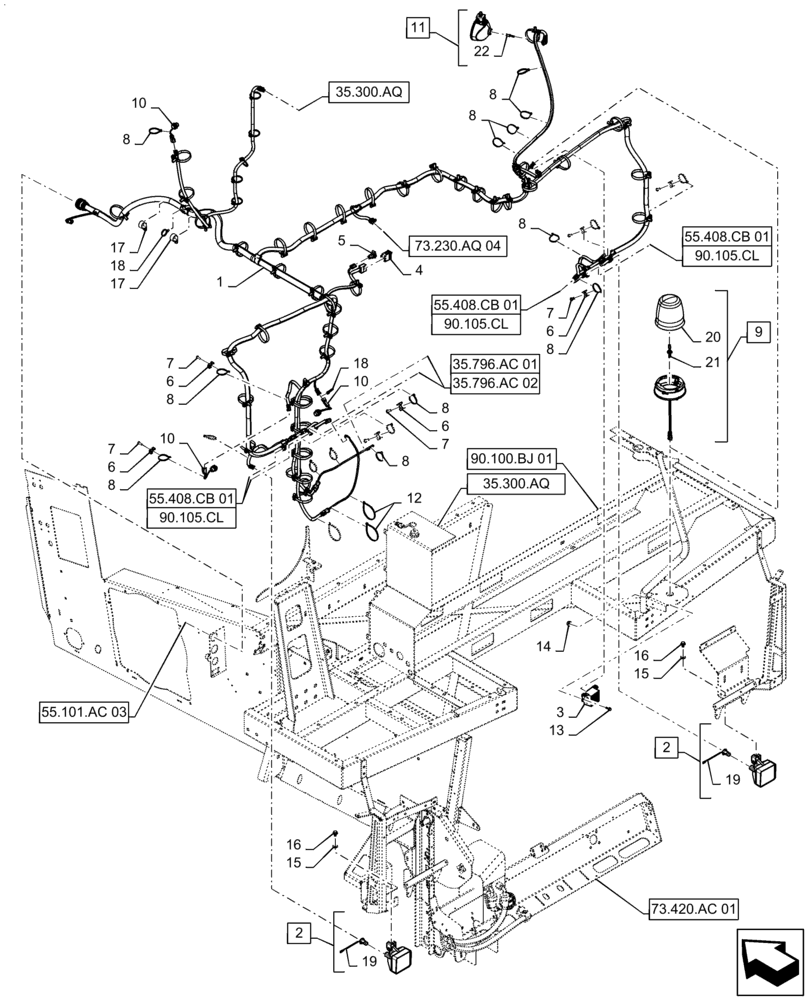 Схема запчастей Case IH 9240 - (55.101.AC[08]) - STRAW HOOD, WIRE HARNESS, REAR (55) - ELECTRICAL SYSTEMS