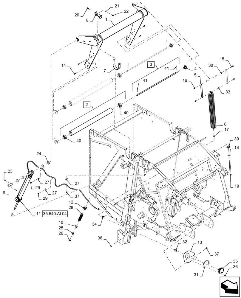 Схема запчастей Case IH RB455 - (62.140.AQ[01]) - VAR - 726813 - BALE TENSION TAKE UP ARM AND ONE SPRING, SINGLE HYD. CYLINDER, MANUAL CONTROL, YFN188619 AND AFTER (62) - PRESSING - BALE FORMATION