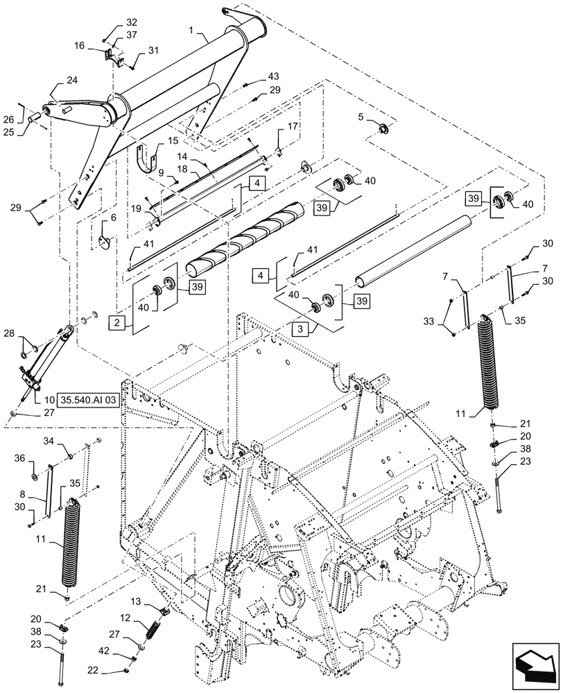 Схема запчастей Case IH RB465 - (62.140.AQ[05]) - VAR - 727159 - BALE TENSION TAKE UP ARM AND TWO SPRINGS WITH LOOP ROLL, SINGLE HYD. CYLINDERS, IN CAB CONTROL, YFN188619 AND AFTER (62) - PRESSING - BALE FORMATION