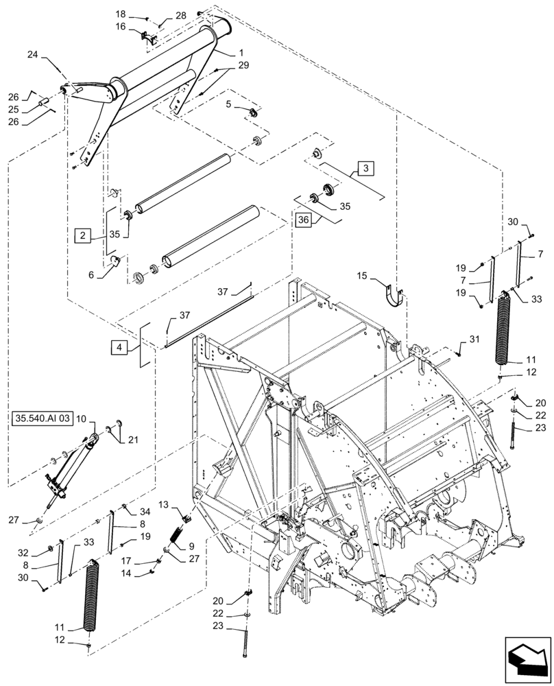 Схема запчастей Case IH RB465 - (62.140.AQ[04]) - VAR - 727159 - BALE TENSION TAKE UP ARM AND TWO SPRINGS, SINGLE HYD. CYLINDER, OVERSHOT FEEDER, IN CAB CONTROL, YFN188619 AND AFTER (62) - PRESSING - BALE FORMATION