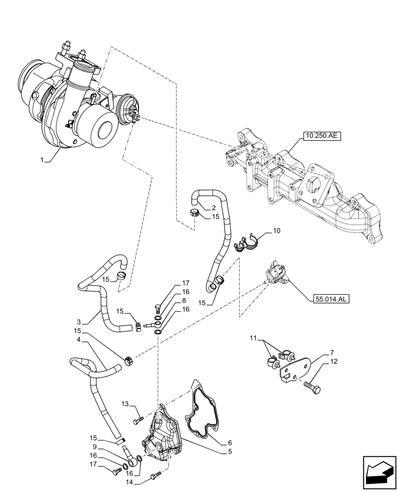 Схема запчастей Case IH F5GFL413A B007 - (10.250.AC) - TURBOCHARGER (10) - ENGINE