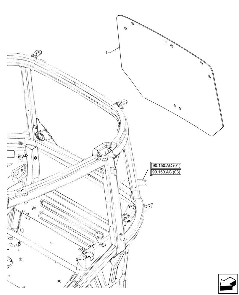 Схема запчастей Case IH FARMALL 120C - (90.156.AB[02]) - VAR - 334183, 334211, 743573, 744588 - CAB, WINDOW, REAR, GLASS (90) - PLATFORM, CAB, BODYWORK AND DECALS