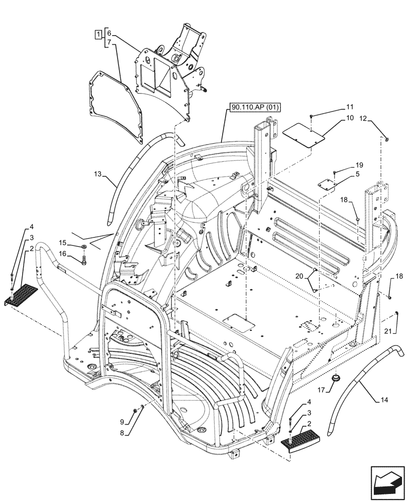 Схема запчастей Case IH FARMALL 110C - (90.110.AP[02]) - VAR - 334187, 334190, 392315 - PLATFORM, SPARK ARRESTER, HANDLE, W/O CAB (90) - PLATFORM, CAB, BODYWORK AND DECALS