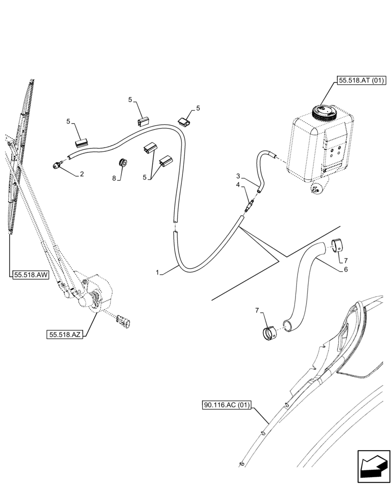 Схема запчастей Case IH FARMALL 120C - (55.518.AP[01]) - VAR - 334211, 391606, 743496, 743573 - WINDSHIELD WASHER , RESERVOIR, HOSE (55) - ELECTRICAL SYSTEMS