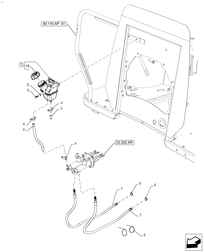 Схема запчастей Case IH FARMALL 130A - (33.202.AN[02]) - VAR - 390302 - BRAKE RESERVOIR & LINES, W/O CAB (33) - BRAKES & CONTROLS