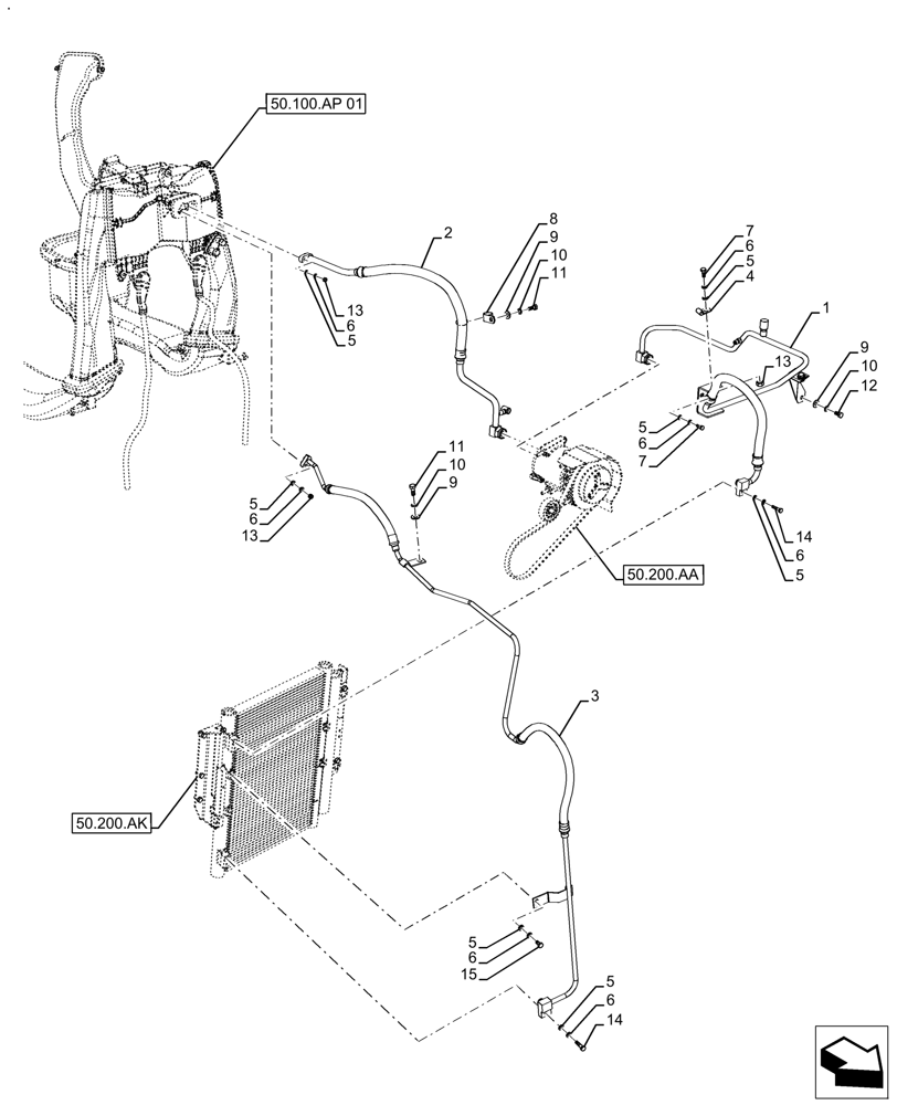 Схема запчастей Case IH FARMALL 130A - (50.200.AB) - VAR - 390646 - AIR CONDITIONER, COMPRESSOR, LINE (50) - CAB CLIMATE CONTROL