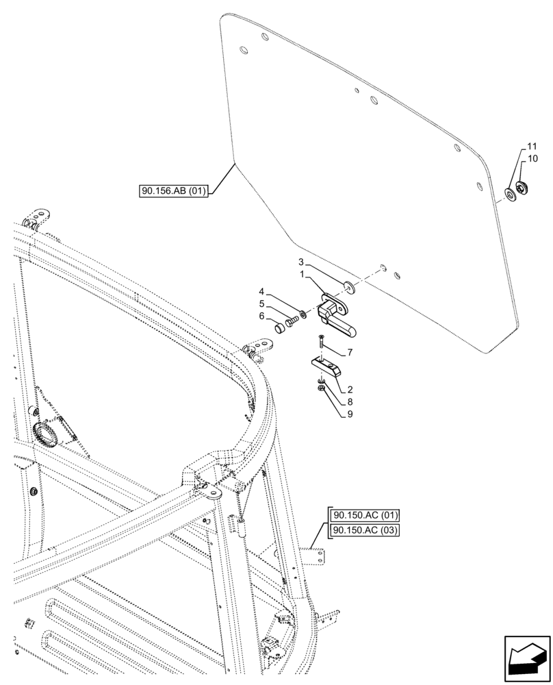 Схема запчастей Case IH FARMALL 100C - (90.156.AA[01]) - VAR - 391606, 743496 - CAB, WINDOW, REAR, LATCH (90) - PLATFORM, CAB, BODYWORK AND DECALS