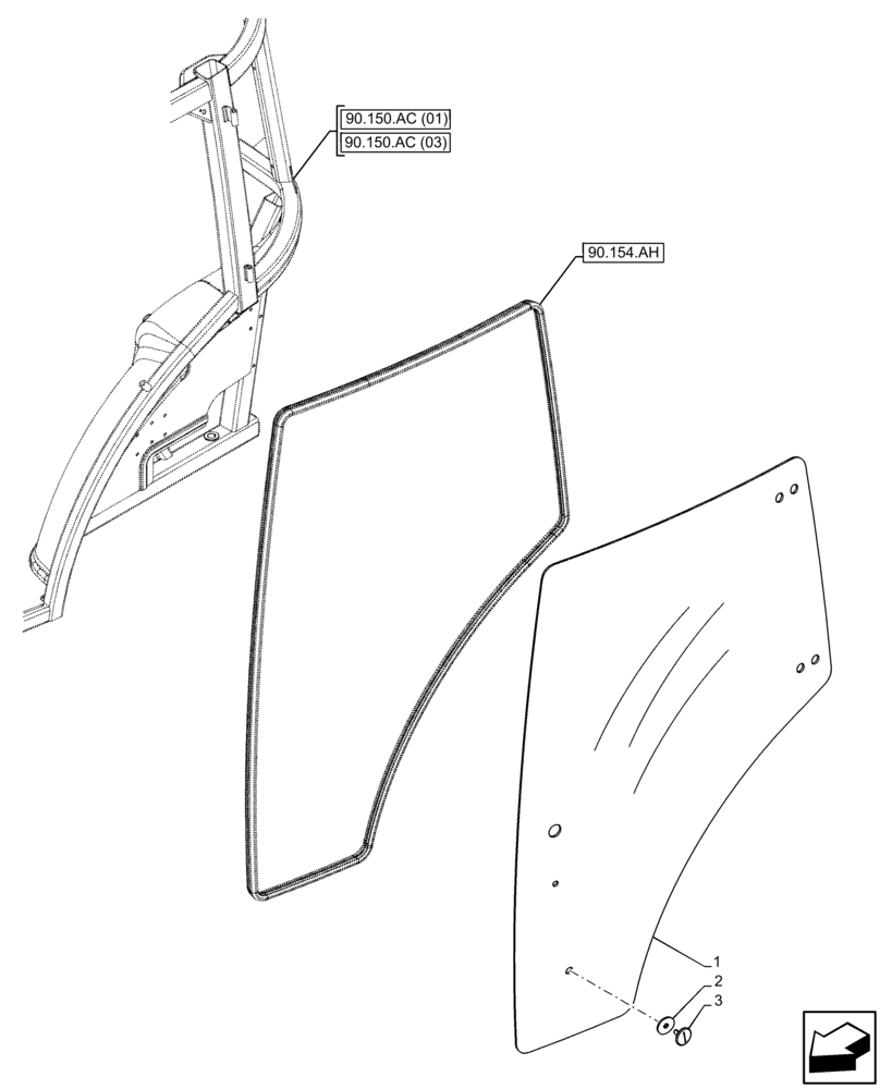 Схема запчастей Case IH FARMALL 90C - (90.154.AV) - VAR - 334183, 334211, 391606, 743496, 743573, 744588 - CAB DOOR, GLASS (90) - PLATFORM, CAB, BODYWORK AND DECALS