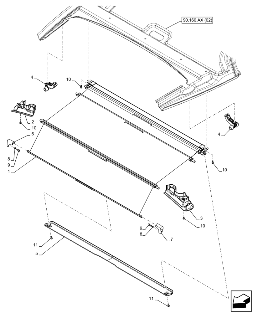 Схема запчастей Case IH FARMALL 110C - (90.151.AE[02]) - VAR - 334183, 334211, 743496 - SUNSHADE, W/ HIGH VISIBILITY PANEL (90) - PLATFORM, CAB, BODYWORK AND DECALS