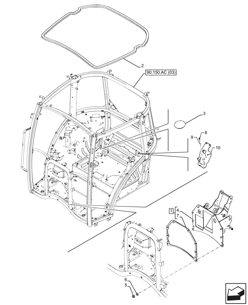 Схема запчастей Case IH FARMALL 90C - (90.150.AC[04]) - VAR - 334183, 334211, 391606, 743496, 743573, 744588 - CAB FRAME, SPARK ARRESTER, HI-LO (90) - PLATFORM, CAB, BODYWORK AND DECALS