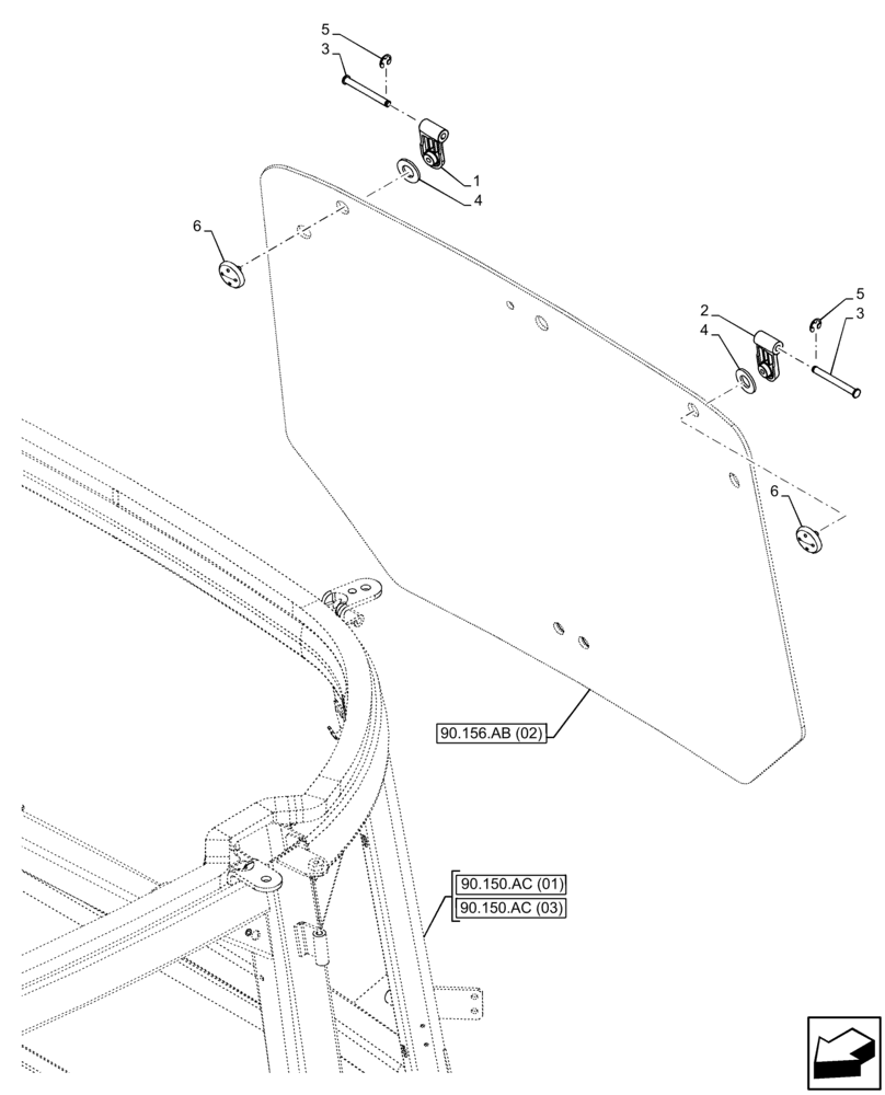 Схема запчастей Case IH FARMALL 110C - (90.156.AD[02]) - VAR - 334183, 334211, 743573, 744588 - CAB, WINDOW, REAR, HINGE (90) - PLATFORM, CAB, BODYWORK AND DECALS