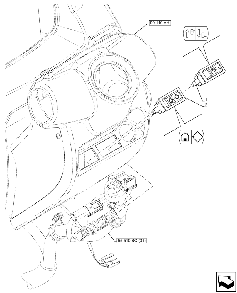 Схема запчастей Case IH FARMALL 110C - (55.512.BQ[02]) - VAR - 334187, 334190, 392315 - CLUSTER, DISPLAY, SELECTOR, BUTTON, W/O CAB (55) - ELECTRICAL SYSTEMS