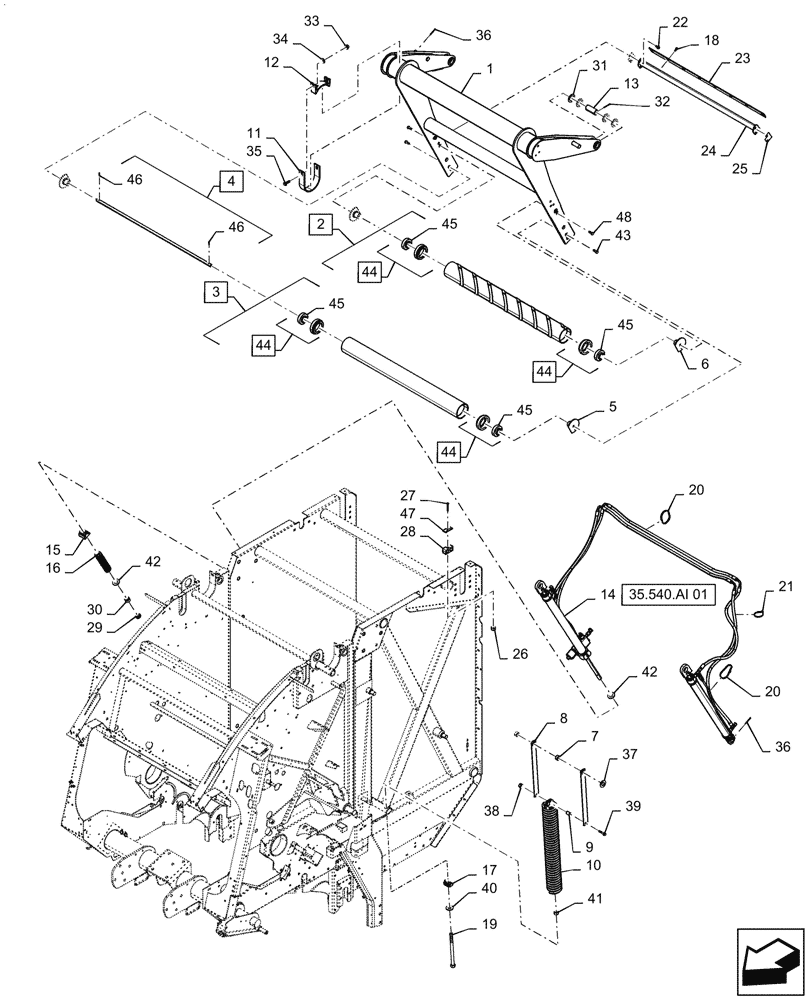 Схема запчастей Case IH RB465 - (62.140.AQ[06]) - VAR - 726815 - BALE TENSION TAKE UP ARM AND TWO SPRINGS WITH LOOP ROLL, DUAL HYD. CYLINDERS, IN CAB CONTROL, YFN188619 AND AFTER (62) - PRESSING - BALE FORMATION