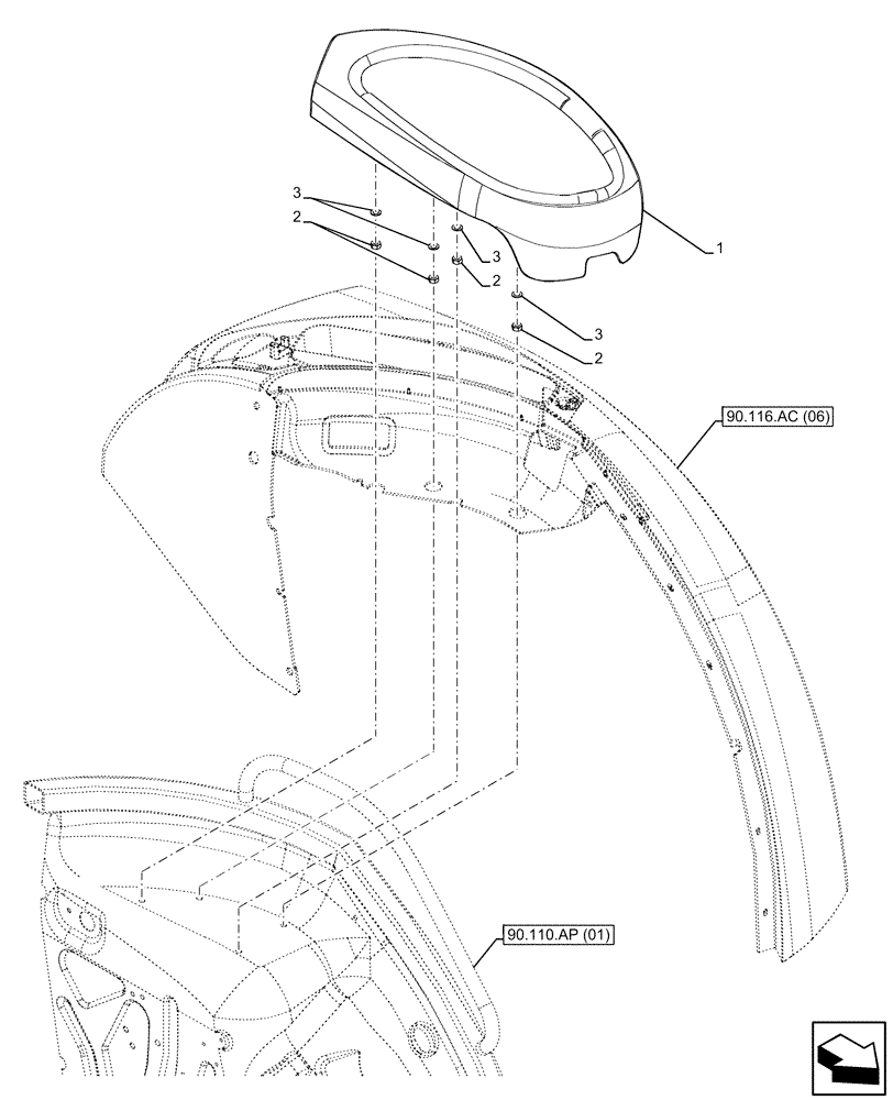 Схема запчастей Case IH FARMALL 90C - (90.116.AC[13]) - VAR - 334190 - REAR FENDER, LEFT, W/O CAB (90) - PLATFORM, CAB, BODYWORK AND DECALS