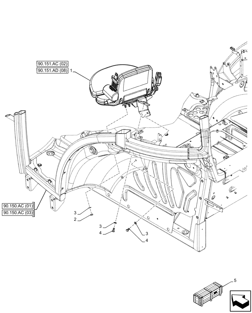 Схема запчастей Case IH FARMALL 120C - (90.151.AC[01]) - VAR - 334183, 744588 - PASSENGER SEAT, CAB (90) - PLATFORM, CAB, BODYWORK AND DECALS