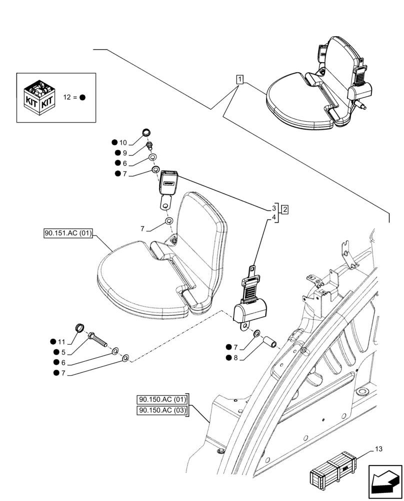 Схема запчастей Case IH FARMALL 110C - (90.151.AD[08]) - VAR - 334183, 744588 - PASSENGER SEAT, SEAT BELT, COMPONENTS, CAB (90) - PLATFORM, CAB, BODYWORK AND DECALS