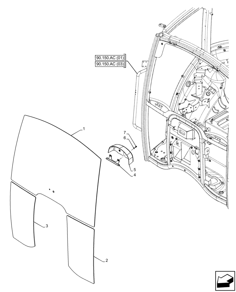 Схема запчастей Case IH FARMALL 110C - (90.156.AL) - VAR - 334183, 334211, 391606, 743496, 743573, 744588 - CAB GLASS, FRONT (90) - PLATFORM, CAB, BODYWORK AND DECALS