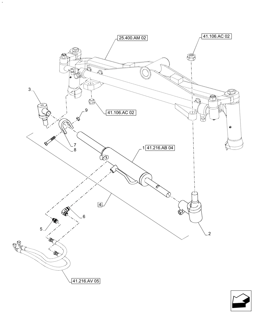 Схема запчастей Case IH FARMALL 110A - (41.216.AB[03]) - VAR - 390373 - 2WD FRONT AXLE, OPERATING CYLINDER, HEAVY DUTY (41) - STEERING