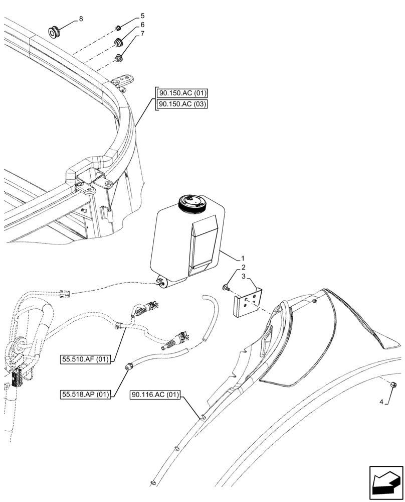 Схема запчастей Case IH FARMALL 110C - (55.518.AT[01]) - VAR - 334211, 391606, 743496, 743573 - WINDSHIELD WASH RESERVOIR (55) - ELECTRICAL SYSTEMS