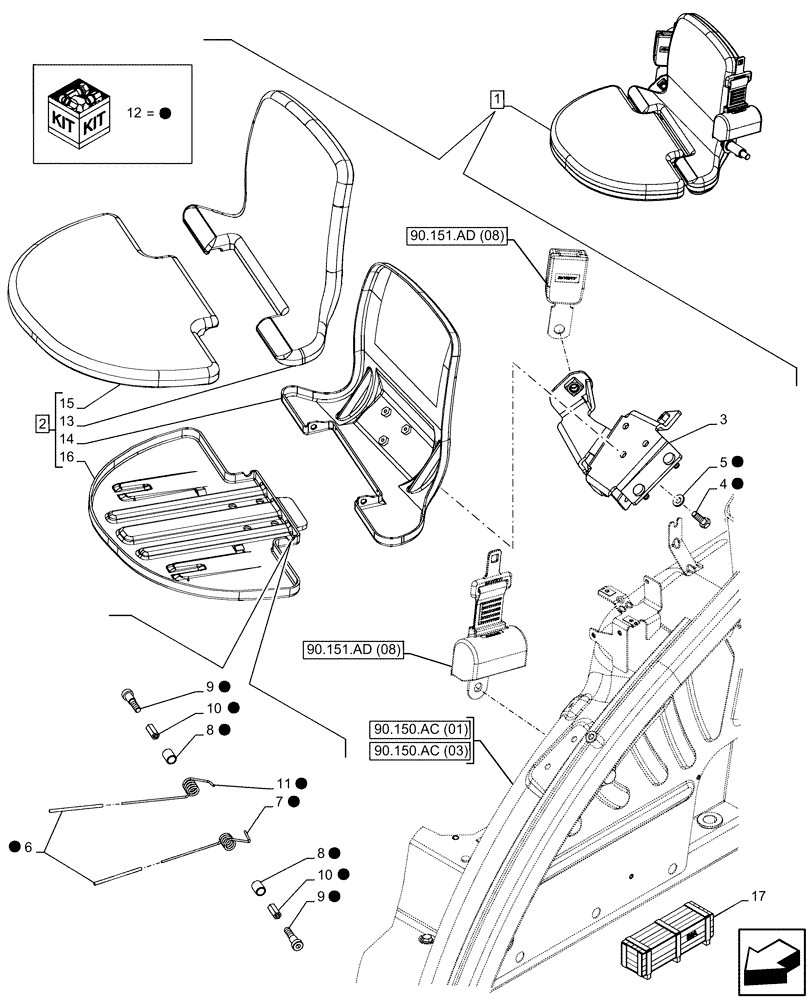 Схема запчастей Case IH FARMALL 120C - (90.151.AC[02]) - VAR - 334183, 744588 - PASSENGER SEAT, COMPONENTS, CAB (90) - PLATFORM, CAB, BODYWORK AND DECALS