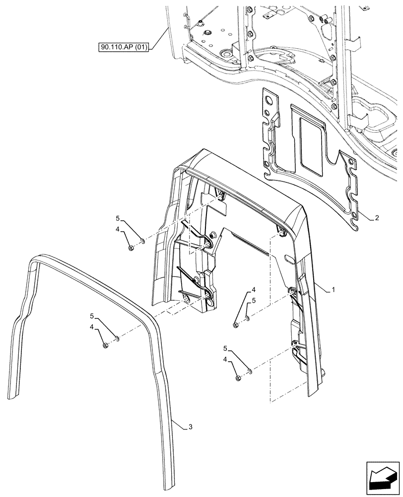 Схема запчастей Case IH FARMALL 120C - (90.105.CQ[02]) - VAR - 334187, 334190, 392315 - BULKHEAD, W/O CAB (90) - PLATFORM, CAB, BODYWORK AND DECALS