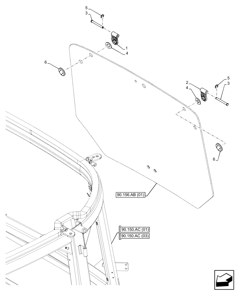 Схема запчастей Case IH FARMALL 120C - (90.156.AD[01]) - VAR - 391606, 743496 - CAB, WINDOW, REAR, HINGE (90) - PLATFORM, CAB, BODYWORK AND DECALS