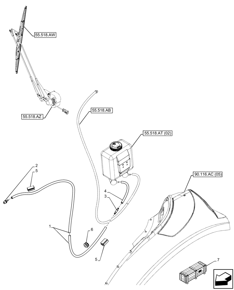 Схема запчастей Case IH FARMALL 110C - (55.518.AP[02]) - VAR - 334183, 744588 - WINDSHIELD WASHER , RESERVOIR, HOSE, DELUXE CAB (55) - ELECTRICAL SYSTEMS
