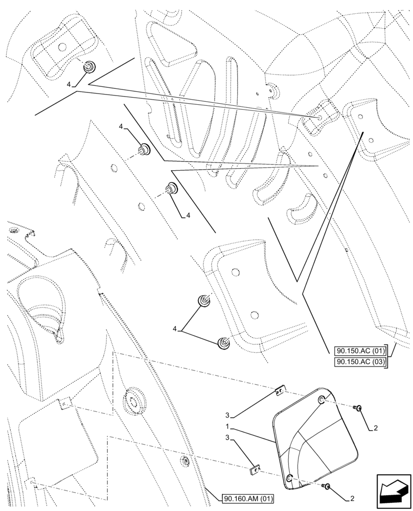 Схема запчастей Case IH FARMALL 110C - (90.151.AC[03]) - VAR - 334211, 391606, 743496, 743573 - W/O PASSENGER SEAT, PLUGS, CAB (90) - PLATFORM, CAB, BODYWORK AND DECALS