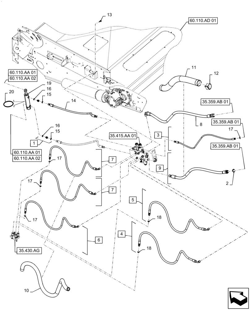 Схема запчастей Case IH 9230 - (35.518.AC) - VAR - 722742, 425546, 722744, 425547, 425070, 425224, 425548, 425225, 425549 - HYDRAULIC SYSTEM, HEADER, FEEDER (35) - HYDRAULIC SYSTEMS