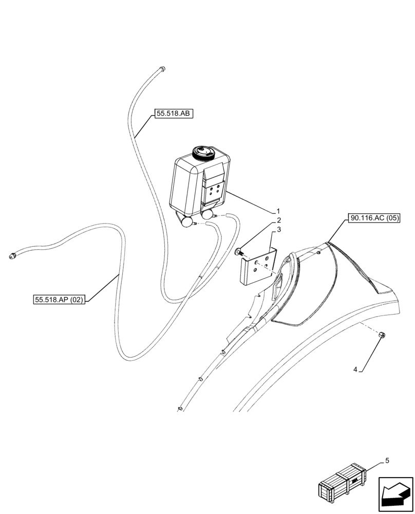 Схема запчастей Case IH FARMALL 110C - (55.518.AT[02]) - VAR - 334183, 744588 - WINDSHIELD WASH RESERVOIR, DELUXE CAB (55) - ELECTRICAL SYSTEMS