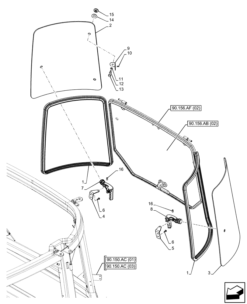 Схема запчастей Case IH FARMALL 110C - (90.156.AI[02]) - VAR - 334183, 334211, 743573, 744588 - CAB GLASS, REAR, LEFT SIDE, RIGHT SIDE (90) - PLATFORM, CAB, BODYWORK AND DECALS