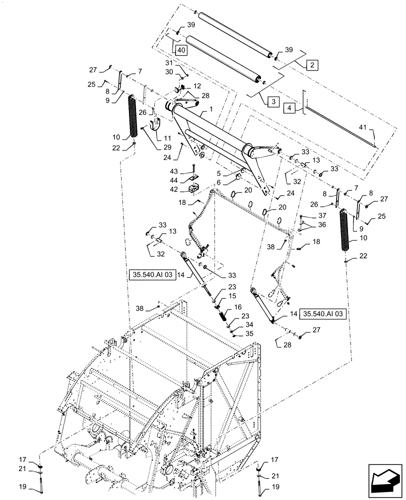 Схема запчастей Case IH RB565 - (62.140.AQ[03]) - VAR - 727159 - BALE TENSION TAKE UP ARM AND TWO SPRINGS, DUAL HYDRAULIC CYLINDERS, IN CAB DENSITY AND VARIABLE CORE ADJUSTMENT, YFN188619 AND AFTER (62) - PRESSING - BALE FORMATION