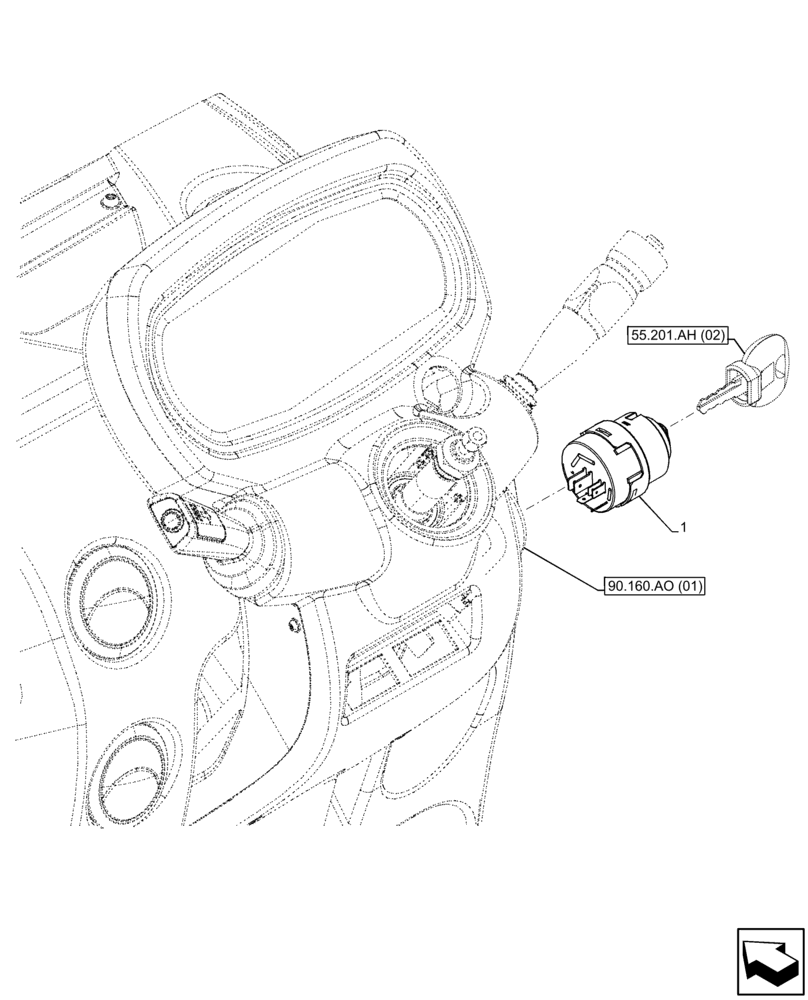 Схема запчастей Case IH FARMALL 110C - (55.201.AH[01]) - VAR - 334183, 334211, 391606, 743496, 743573, 744588 - IGNITION SWITCH, CAB (55) - ELECTRICAL SYSTEMS