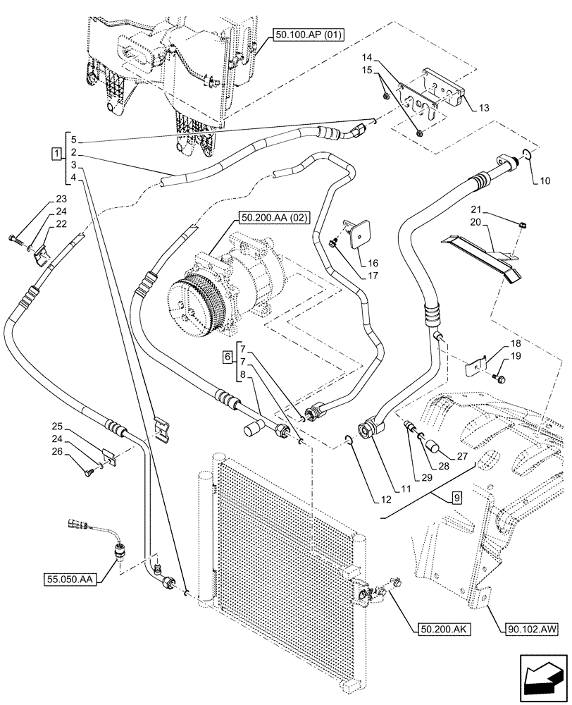 Схема запчастей Case IH FARMALL 110C - (50.200.AB) - VAR - 334183, 334211, 391606, 743496, 743573, 744588 - AIR CONDITIONING, LINE (50) - CAB CLIMATE CONTROL