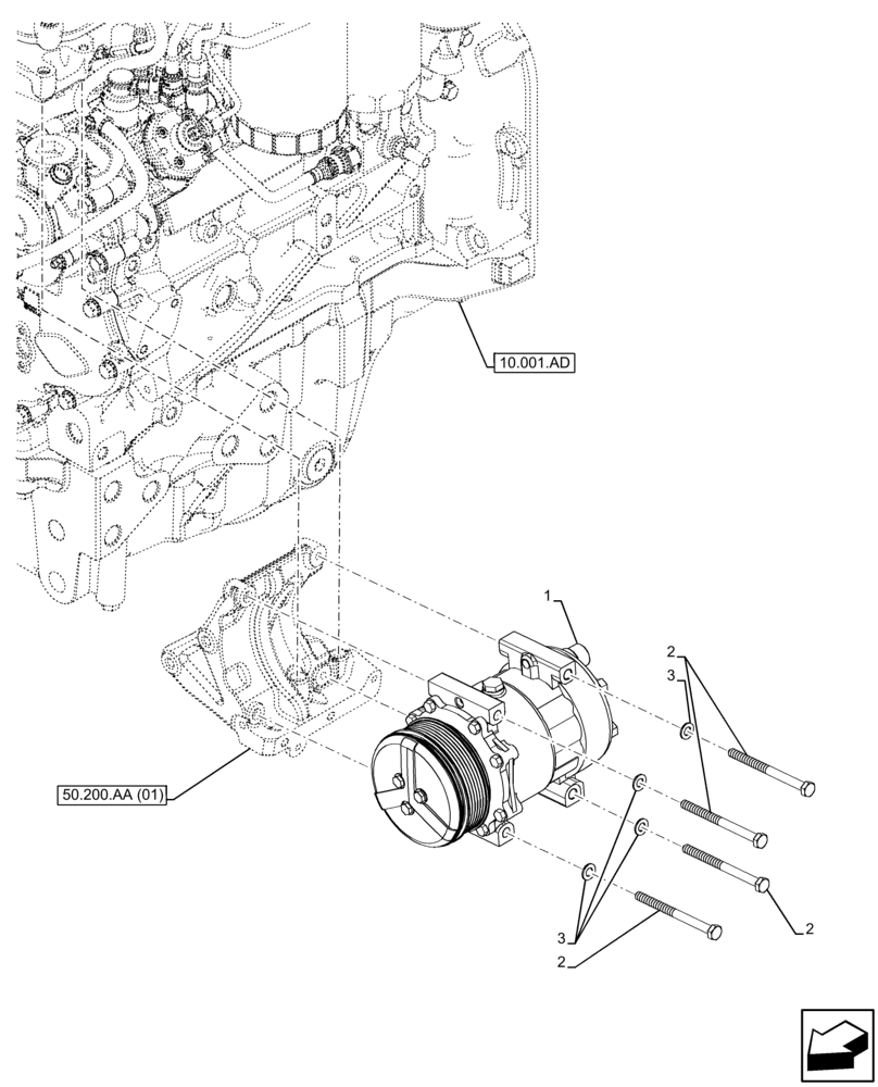 Схема запчастей Case IH FARMALL 110C - (50.200.AA[02]) - VAR - 334183, 334211, 391606, 743496, 743573, 744588 - AIR CONDITIONING, COMPRESSOR (50) - CAB CLIMATE CONTROL